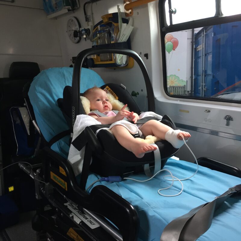 Beth as a baby on her way to hospital